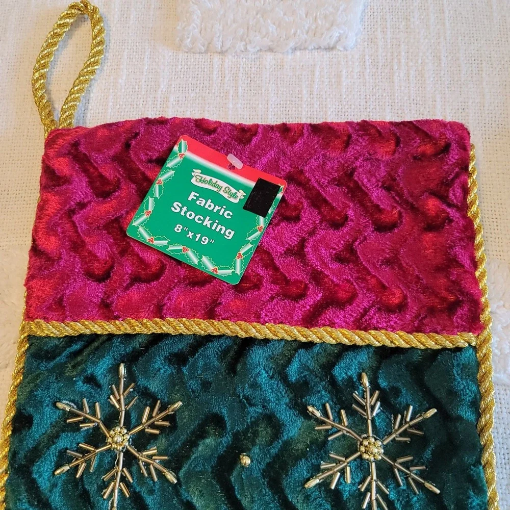 Holiday Style Velvet Christmas Stocking Green Red Gold Snowflake Beaded 8x19 NEW